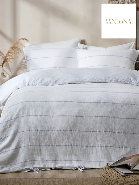 Vantona White Blue Stripe Gauze Quilt Cover Set with Bow Tie Closure (W11219) | AED262 - AED495