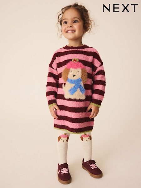 Pink Stripe Dog Jacquard - Knitted Jumper Dress And Tights Set (3mths-7yrs)