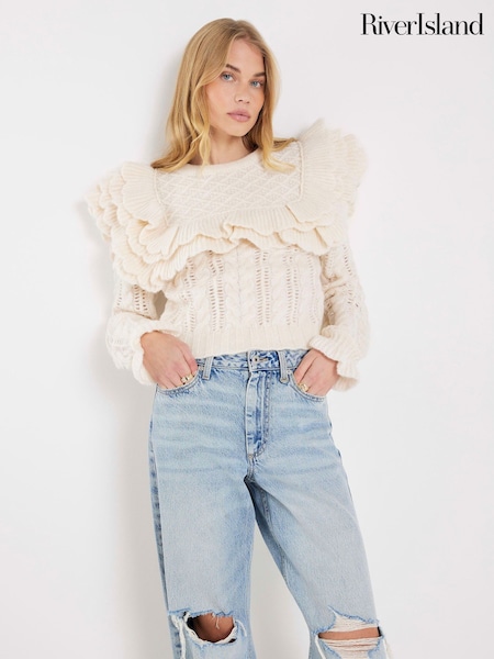 River Island Cream Frill Detail Cable Knit Jumper (W11275) | €80