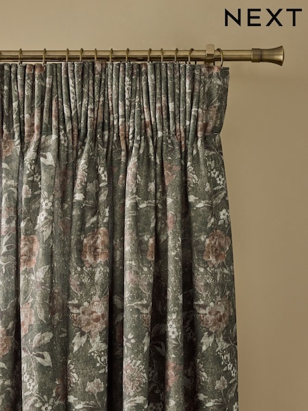 Heritage Floral Touch Of Linen Pencil Pleat Lined Curtains