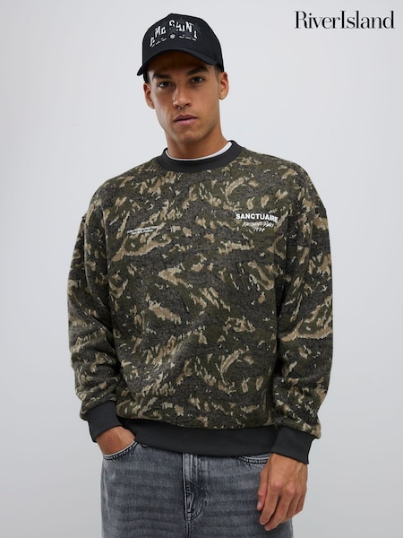 River Island Green Oversized Sanctuaries Camo Crew Neck Hoodie (W11652) | €62