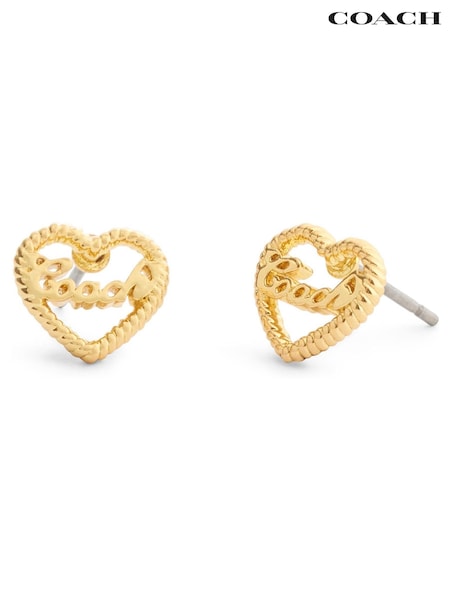 COACH Gold Tone Charming Charms Signature Heart Stud Earrings (W11732) | $137