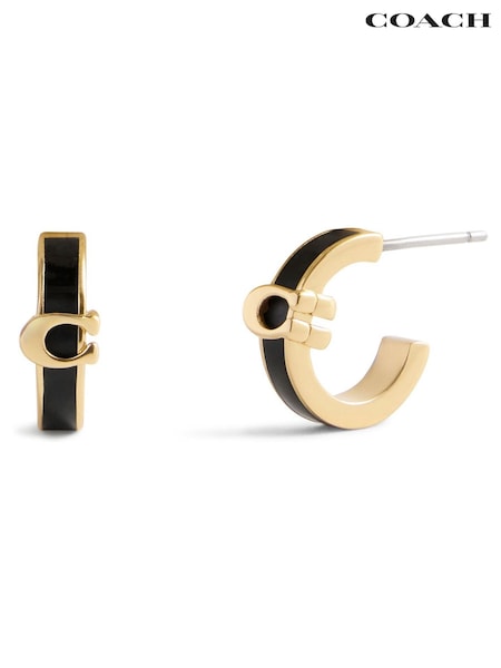 COACH Black Signature C Enamel Huggie Earrings (W11742) | $187