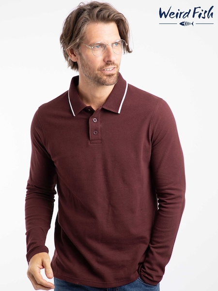 Weird Fish Brown Theo Textured Long Sleeve Polo Shirt (W12059) | €68