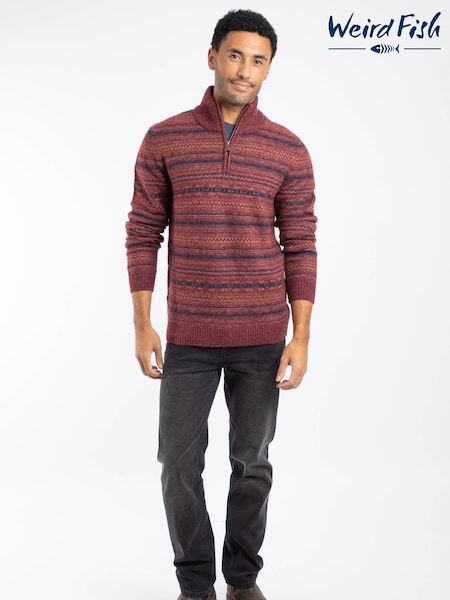 Weird Fish Red Larwill 1/4 Zip Fair Isle Pattern Jumper (W12069) | 346 QAR