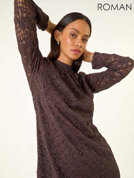 Roman Brown Baroque Lace Shift Dress (W12402) | AED568