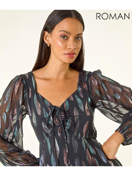 Roman Black Foil Print Tie Front Fit & Flare Dress (W12460) | €115