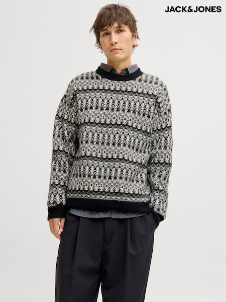 JACK & JONES Black Christmas Fairisle Pattern Crew Neck Knit Jumper (W12806) | 234 QAR