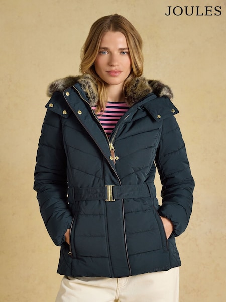 Navy - Aspen Showerproof Padded Coat With Faux Fur Hood
