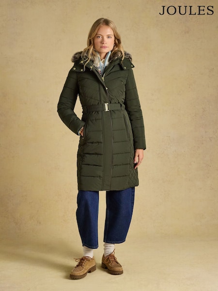 Grün - Joules Aspen Showerproof Longline Padded Coat With Faux Fur Hood