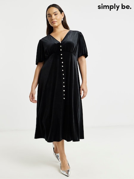 Simply Be Black Velour Button Through Midi Dress (W12841) | 249 QAR