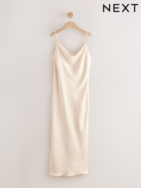 Dorado champán - Vestido largo de satén con escote drapeado para dama de honor