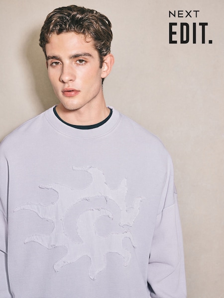 Light Purple - Regular Edit Graphic Waffle Texture Crew Neck Sweatshirt