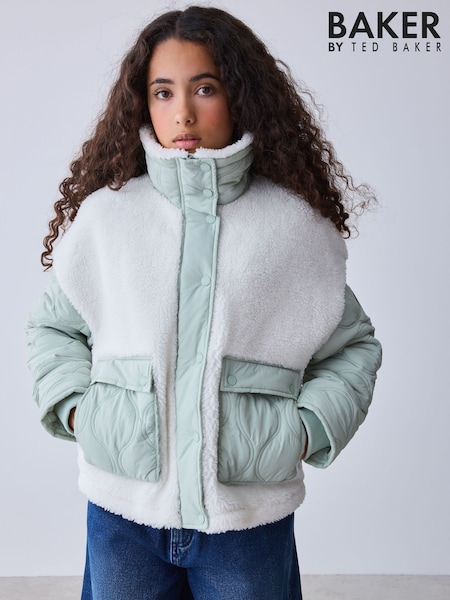 Cream - Baker By Ted Baker Borg Fleece & Nylon Mix Quilted Funnel Neck Jacket