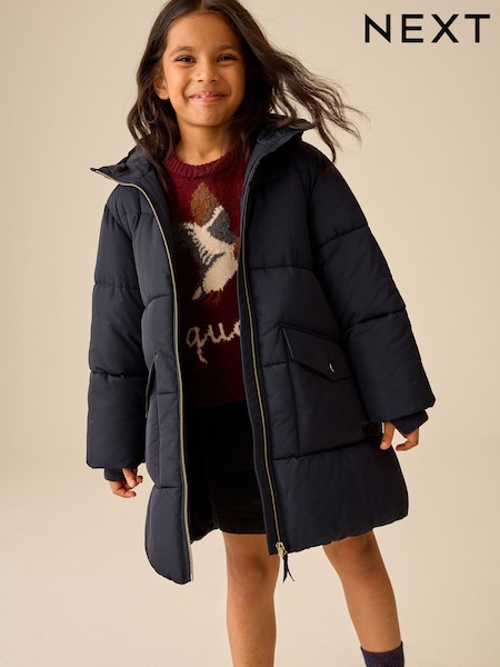 Navy - Shower Resistant Faux Fur Lined Padded Coat (3-16yrs)