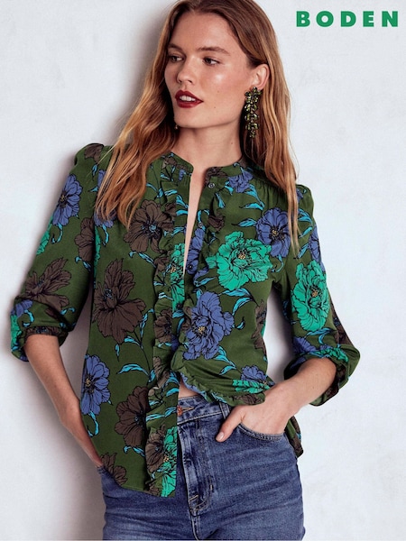 Boden Green Alice Frill Front Silk Top (W13549) | €203