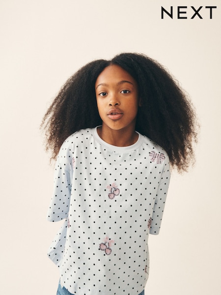 Light Blue Polka Dot Bow - Beaded T-shirt (3-16yrs)