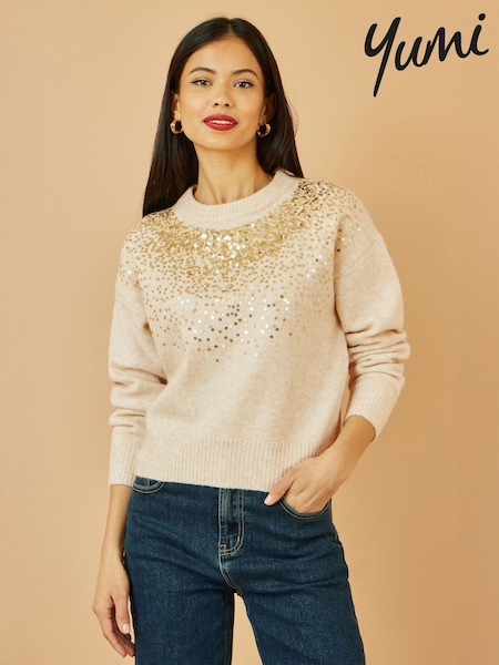 Natural - Yumi Relaxed Knitted Jumper With Scattered Sequin Neckline (W14246) | 78 €