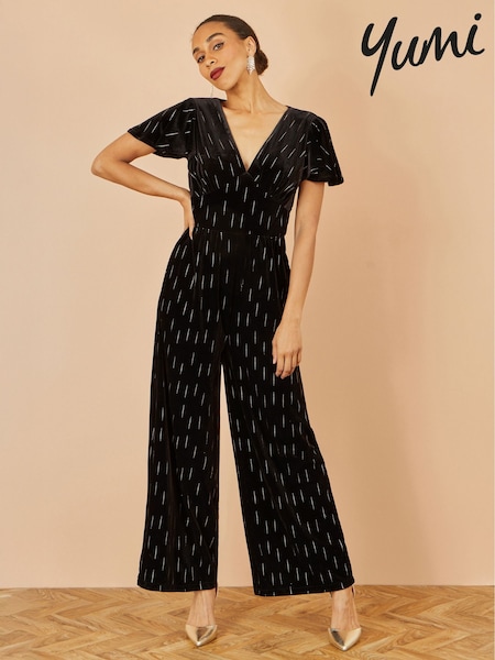 Yumi Black Foil Print Velvet Jumpsuit (W14253) | 390 QAR