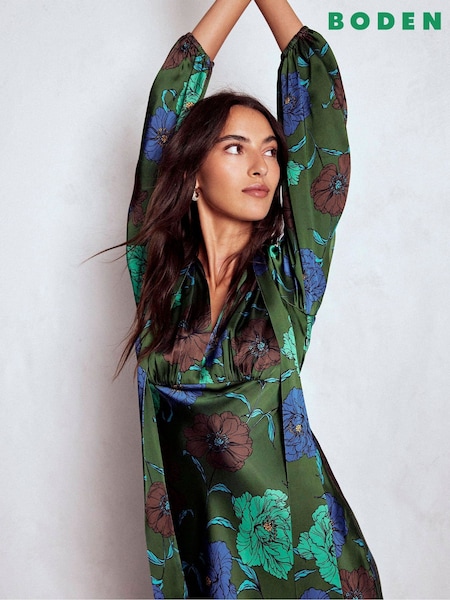 Boden Green Tie Neck Satin Midi Dress (W14401) | €250