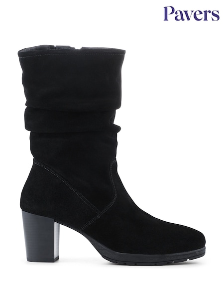 Pavers Black Leather Stacked Heel Calf Length Boots (W14450) | €99