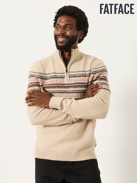 Light Natural - Regular Fatface Pattern Quarter Zip Knitted Jumper