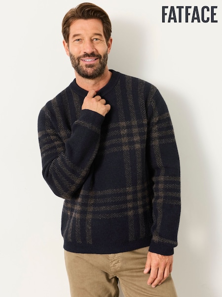 Navy - Regular Fatface Check Crew Neck Knitted Jumper