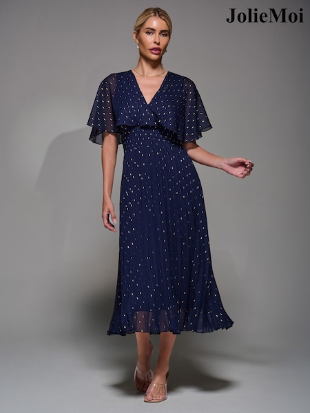 Jolie Moi Blue Chiffon Metallic Pleated Midaxi Dress (W15013) | €77