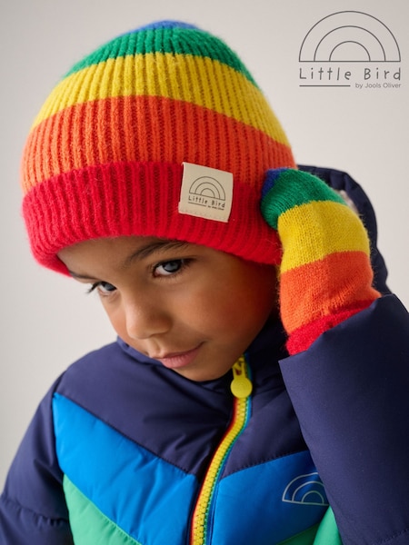 Multi - Little Bird By Jools Oliver Bright Rainbow Stripe Knitted Beanie With Mittens/gloves Set