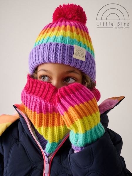 花彩色系 - Little Bird By Jools Oliver Pastel Rainbow Stripe Knitted Hat With Mittens/gloves And Snood Set