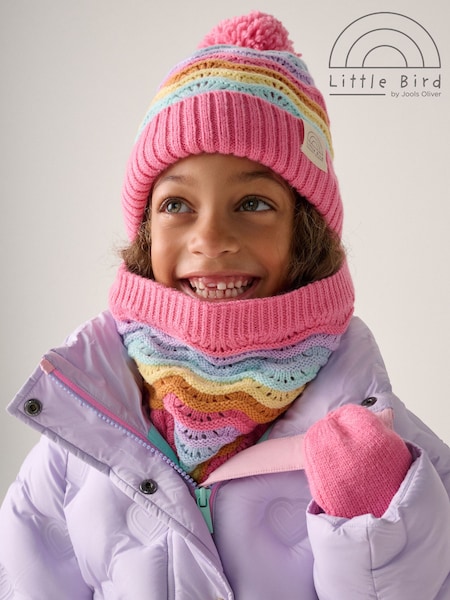 Pink - Little Bird By Jools Oliver Pastel Rainbow Stripe Knitted Hat With Mittens/gloves And Snood Set