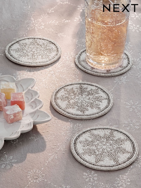Set Of 4 Snowflake Beaded Coasters