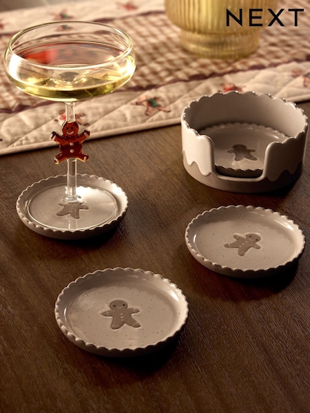 Set Of 4 Christmas Gingerbread Ceramic Coasters In Holder