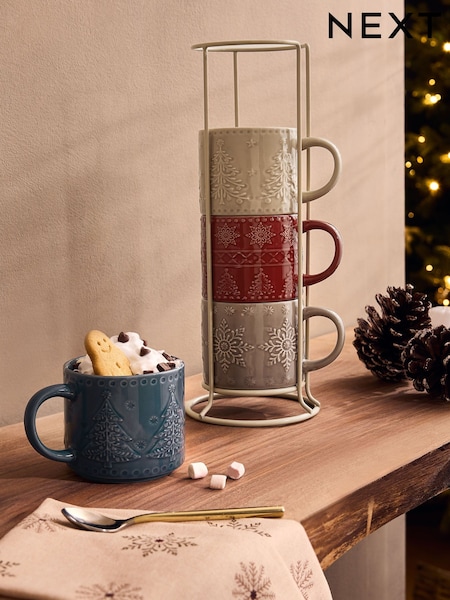 Fairisle Christmas Tree And Snowflake Mugs With Wire Stand