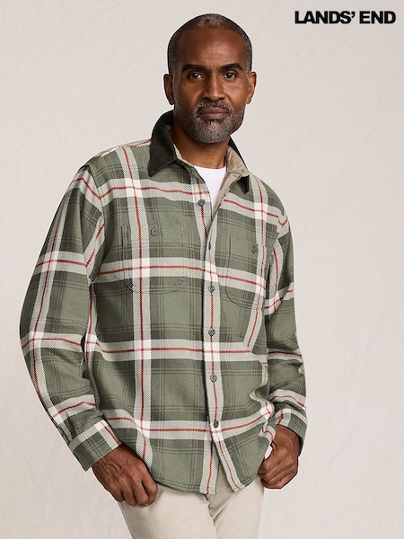 Lands' End Green Cord Collar Flannel Plaid Shirt (W15363) | €78.50