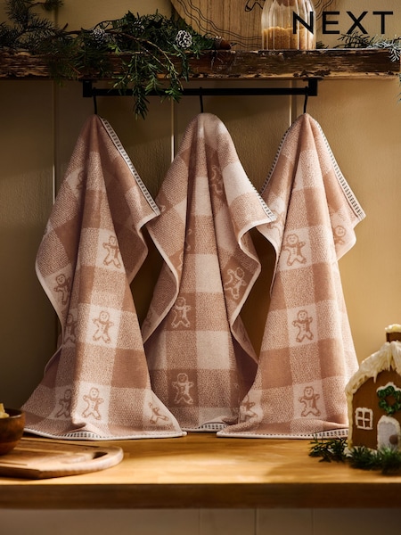 Set Of 3 Christmas Gingerbread Terry Tea Towels