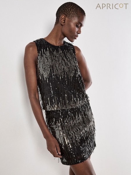 Apricot Black Sequin Stripe Fringe Shell Top (W15476) | €51