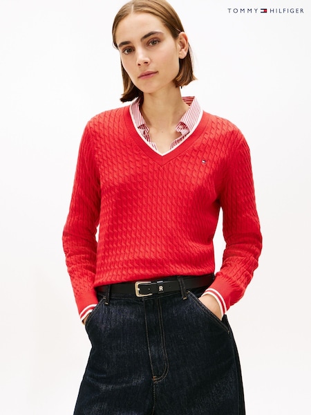Tommy Hilfiger Red Cable Knit V-Neck Jumper (W15539) | AED699