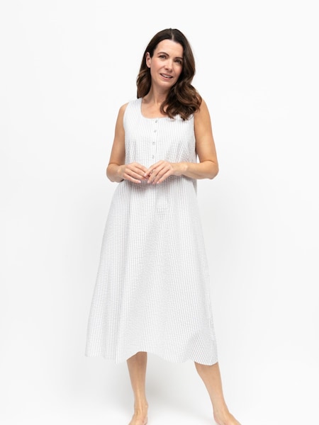 Nora Rose Grey Seersucker Stripe Lace Trim Long Nightdress (W15568) | 208 QAR
