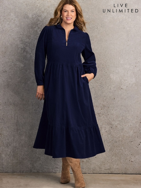 Live Unlimited Baby Cord Zip Front Midi Dress (W15674) | 886 LEI