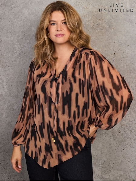Live Unlimited Brown Abstract Animal Print V-Neck Blouse (W15678) | OMR46