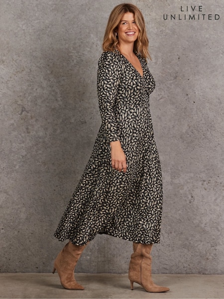 Live Unlimited Black Abstract Print Puff Sleeve Wrap Dress (W15684) | €86.50