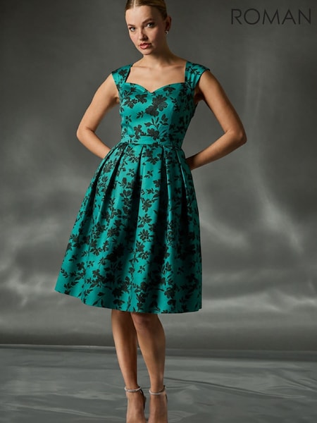 Roman Blue Glitter Floral Flocked Premium Stretch Dress (W15756) | €89