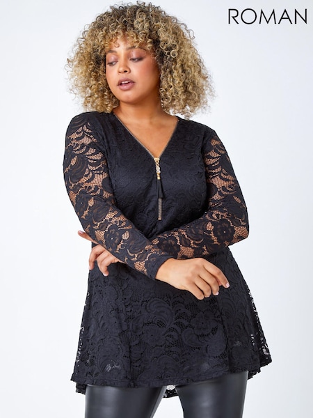 Roman Curve Zip Front Lace Stretch Blouse (W15906) | 88 €