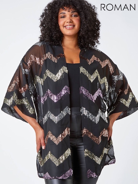 Roman Black Curve Sequin Zig Zag Kimono Blouse (W15912) | €106
