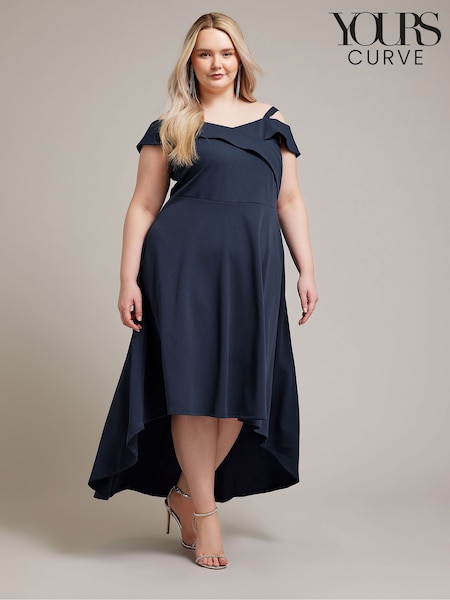 YOURS LONDON Curve Navy Blue Black Bardot Dipped Hem Dress (W16012) | €27