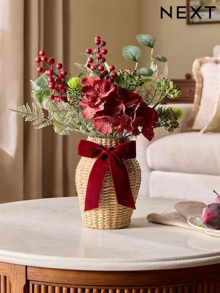 Winter Artificial Floral Arrangement In Woven Vase