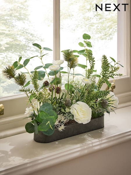 Artificial Floral Arrangement In Metal Tray