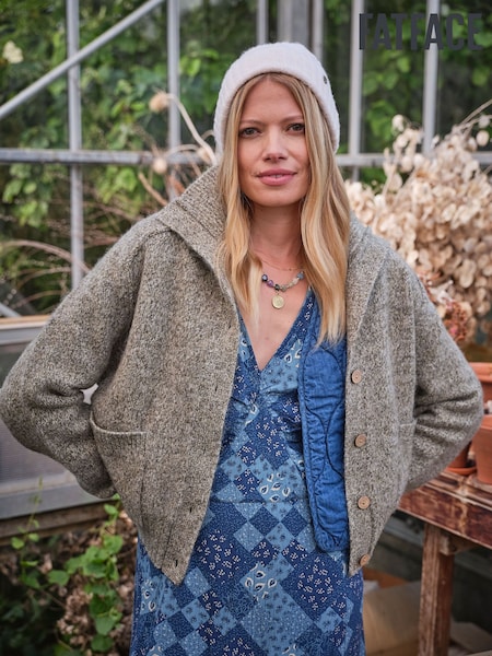 Sage Green - Fatface Funnel Neck Knitted Cardigan
