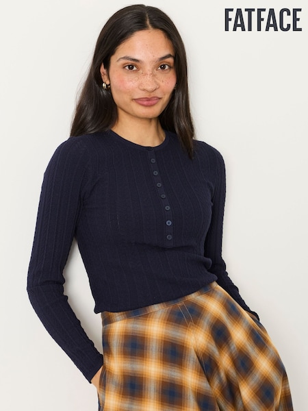 Navy - Fatface Knitted Henley Jumper